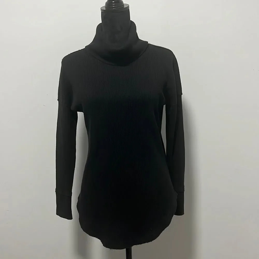 Anthropologie Maeve Ainsley Thermal Black Turtleneck Top Waffle Knit X-Small EUC